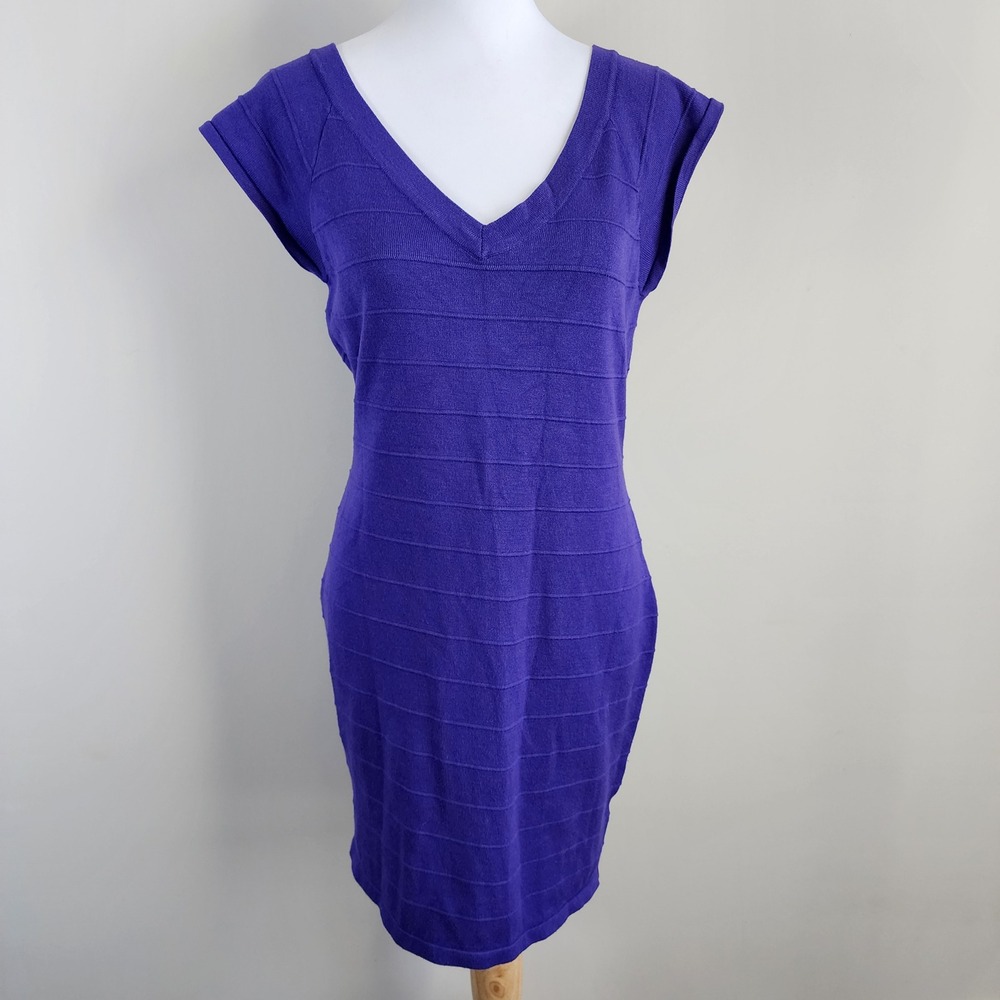 Pink Rose Bodycon‎ Sweater Dress Womens XL Purple V Neck Ribbed Knit Party Event